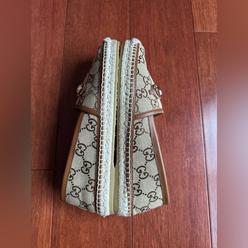Gucci Pilar Horsebit GG Logo Print Espadrilles Flats Camel Ebony EU39.5 US 9.5 - Picture 3 of 13